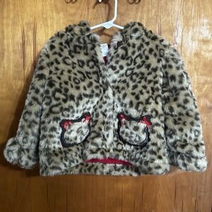 Girls Starting Out Size 24M Leopard Coat, Hooded Pockets Faux Fur